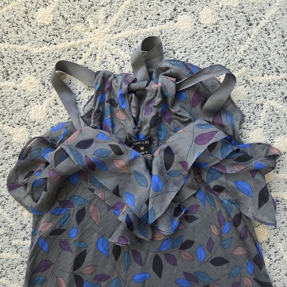 Anthropologie Greylin leaf print tank with ruffle neckline Boho - Picture 8 of 14
